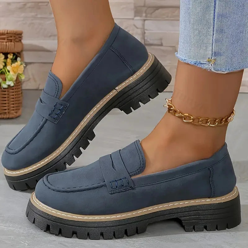 Woman Loafers Ladies Large Size Frosted British Thick Heel Round Toe Rubber Outsole Korean Style Casual Shoes