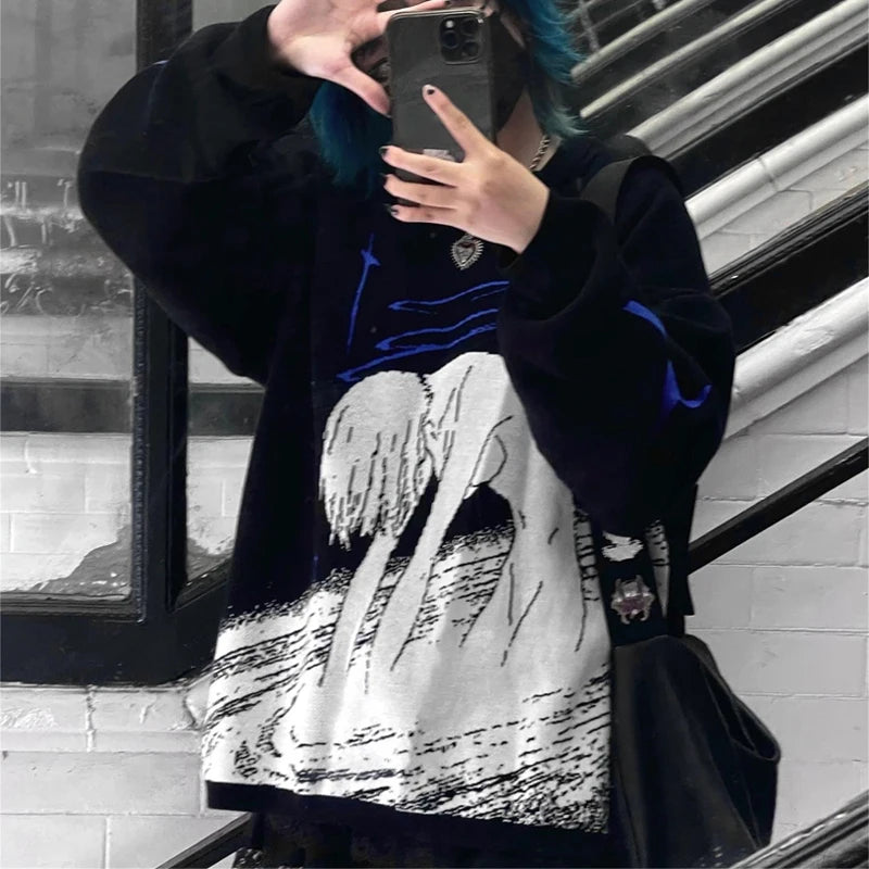 Women's Knitting Cute Anime Print Pattern O Neck Pullover