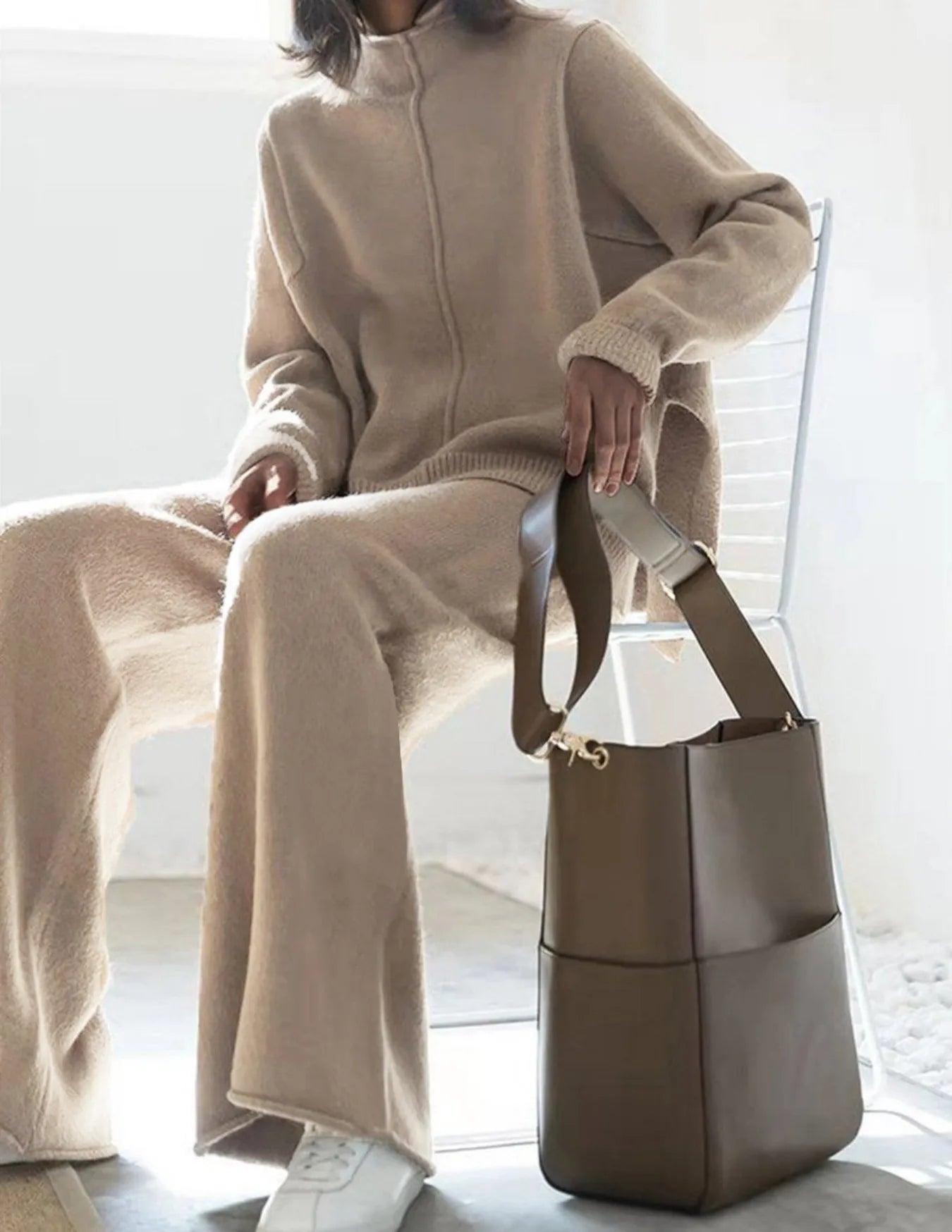 Women's Beige Oversized Knit Two-Piece Set with Half-Zip Sweater