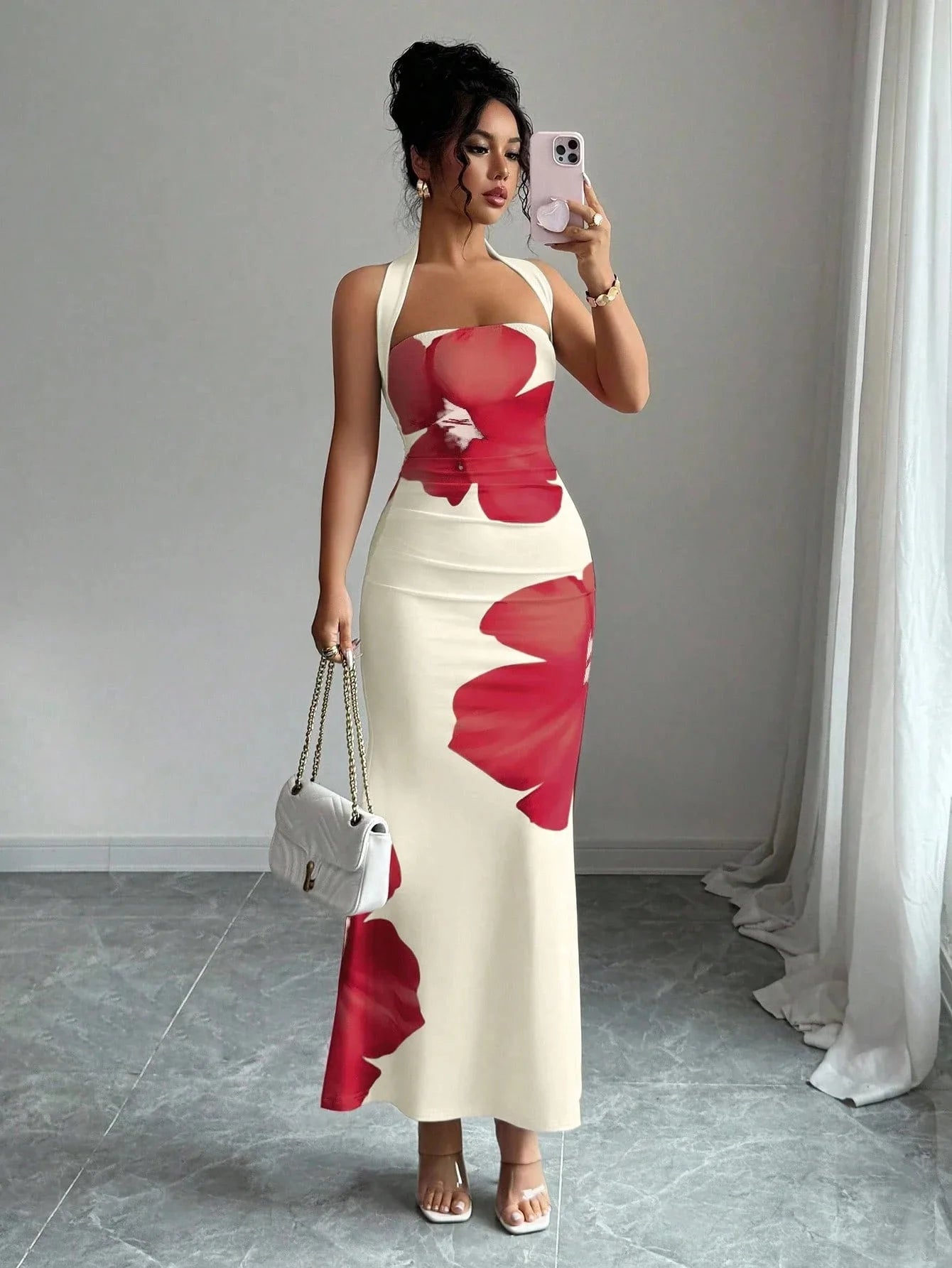 Plunging Neckline Back Opening Printed Pattern Woman Clothes