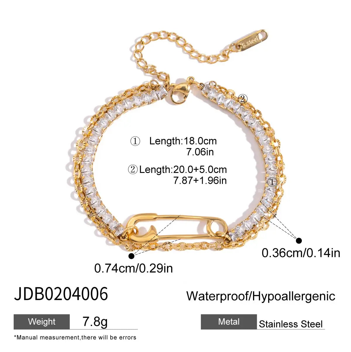 Square White Zircon Bracelet Paper Clip Double layer Bracelet