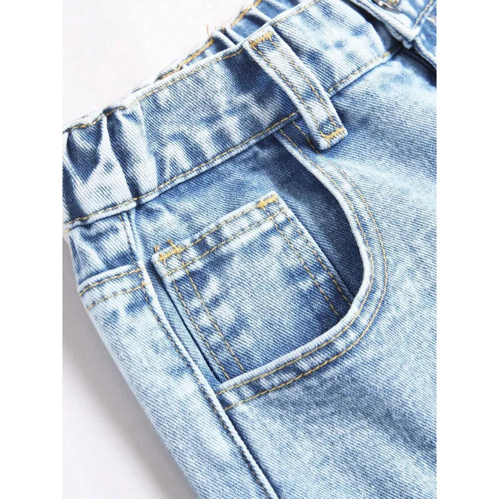 Embroidery High Waist Distressed Washed Denim