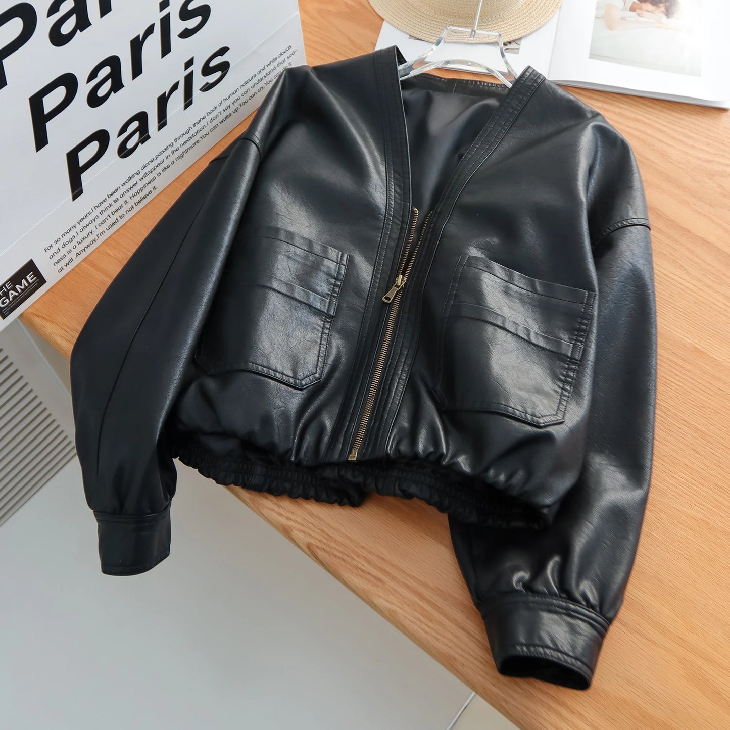 Women’s PU Leather Bomber Jacket — Elastic Hem Faux‑Leather