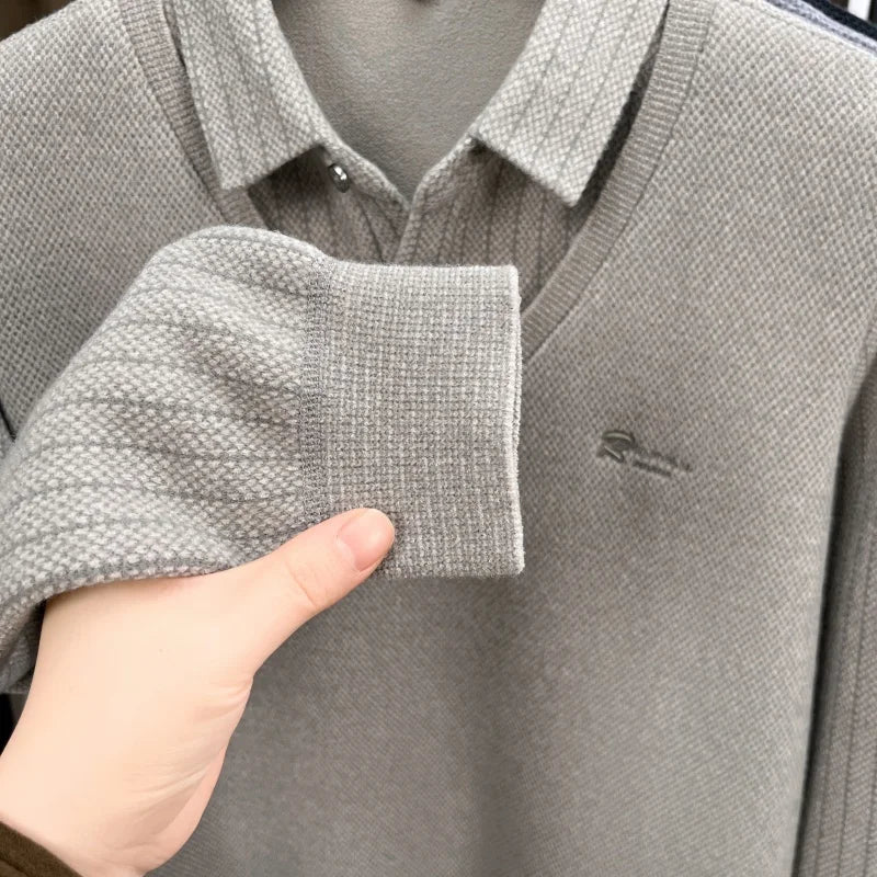 Men's Plush Wool-Lined Knitted Sweater Patchwork Striped Lapels