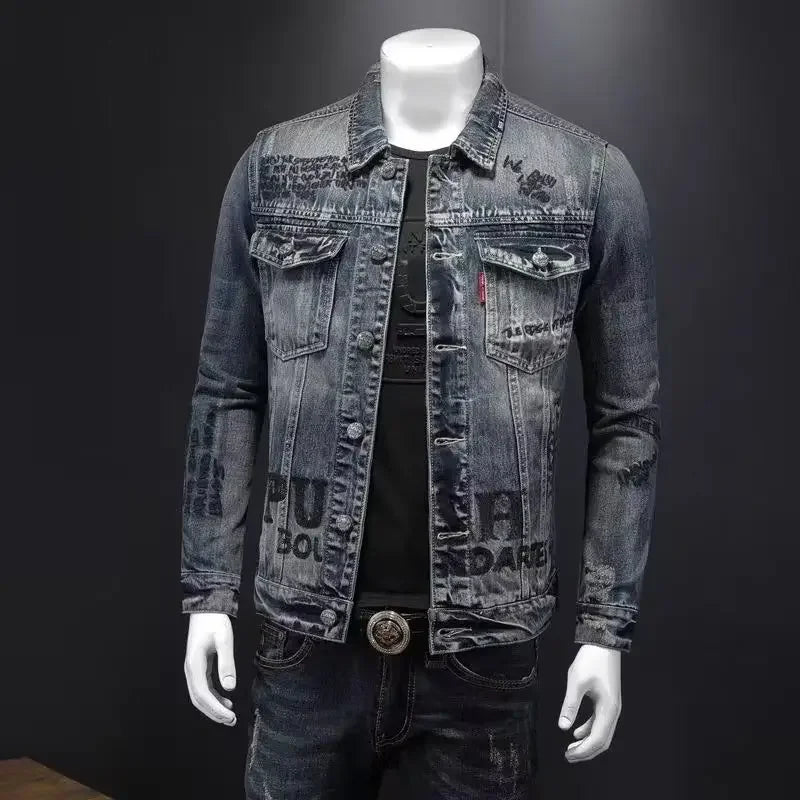 Men's denim jacket  casual lapel handsome motorcycle jacket