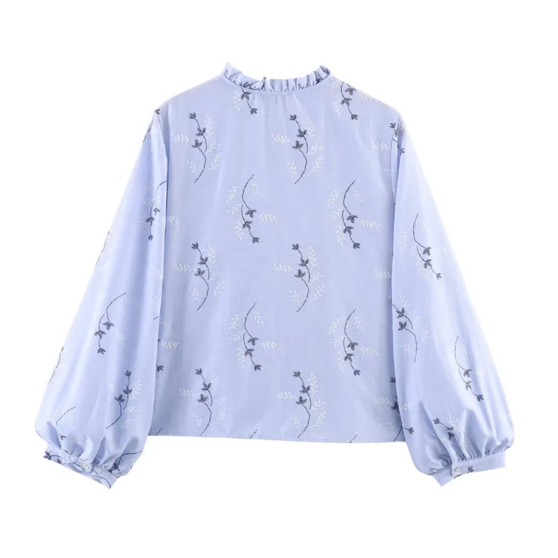 Women Printed Blouse with Embroidered Casual O Neck Long Sleeve