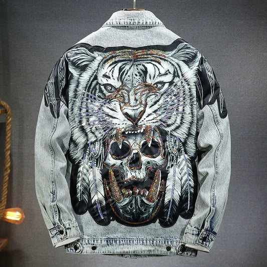 Men's Cyberpunk Denim Jacket Vintage Washed Tiger Skull Bone