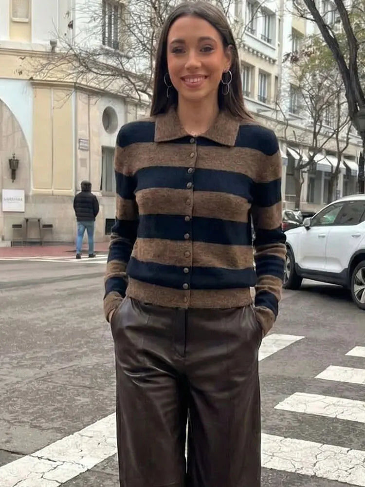 HH Sweater For Women Elegant Fashion Striped Knitted Cardigan Coat