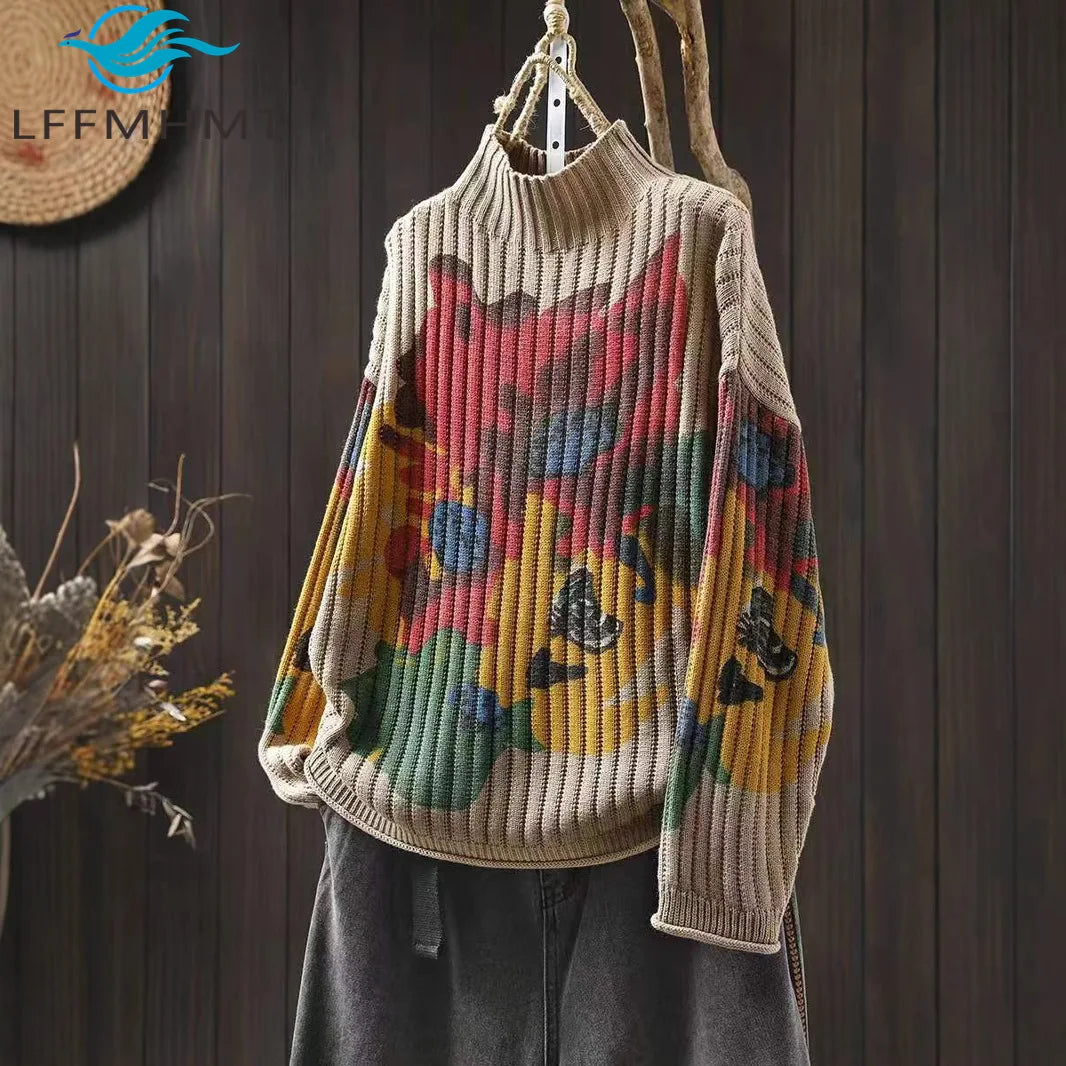 Chic Flower Printing Knitwear for Women Loose Casual Long Sleeve Half-turtleneck Knitwear