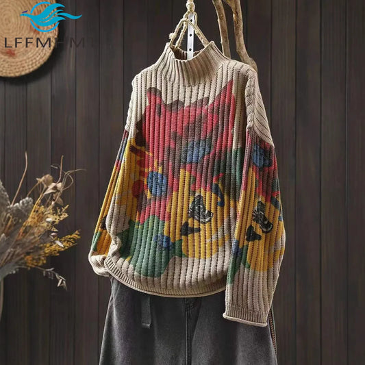 Chic Flower Printing Knitwear for Women Loose Casual Long Sleeve Half-turtleneck Knitwear