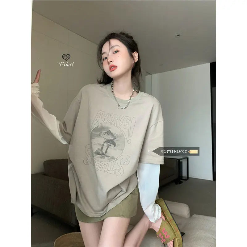 Print Grey Graphic Loose Women's T Shirts