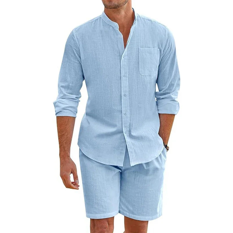 Summer Men's Casual Sets Breathable Cotton Linen Vintage Stand