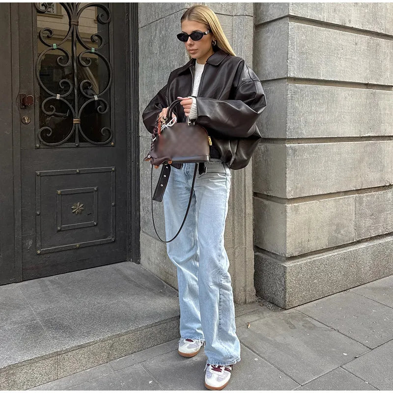 Vintage Leather Bomber Jackets Zipper Lapel Long Sleeve Pocket Coat With Belt