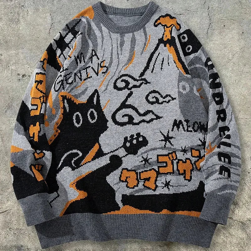 Men's retro cartoon knitted sweater  casual long-sleeved knitted sweater