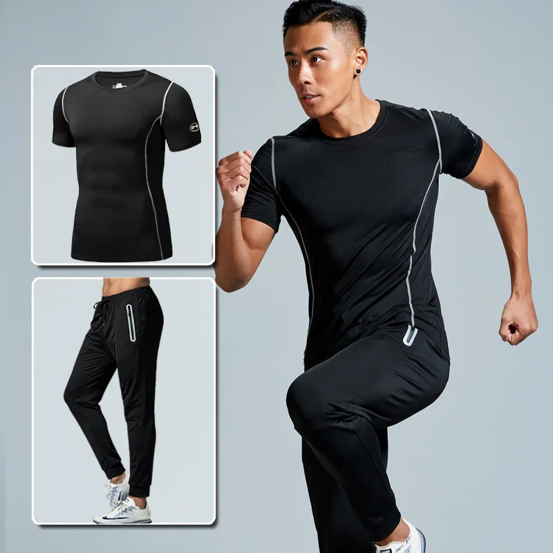 Men Fitness Set Short Sleeves Pants Quick Dry