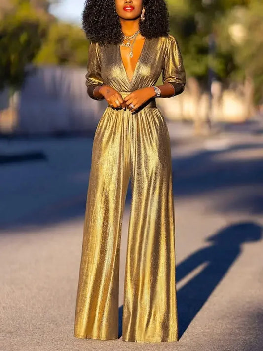 Women Fashion Shiny Sexy Deep V-neck Wide Leg Prom Jumpsuits