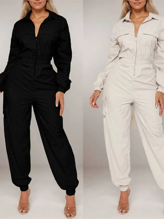 Women's Pocket Elastic Waist Zipper Jumpsuit