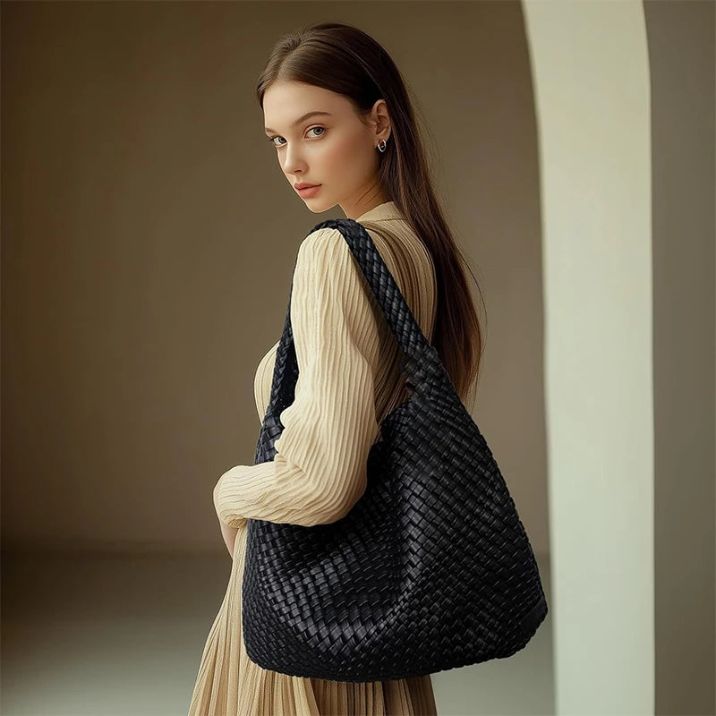 Large Woven Handbag Soft Leather Shoulder Bag Work Shopper Bag with Purse