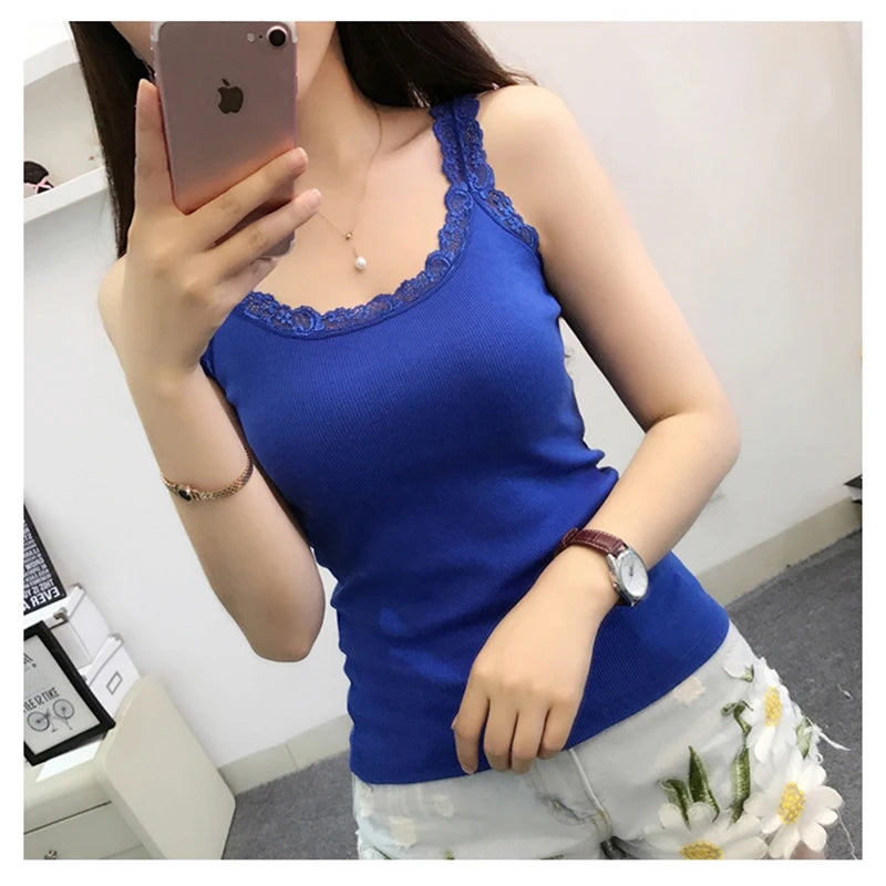 Tank Tops Women Summer O-neck Lace Suspender Camisole
