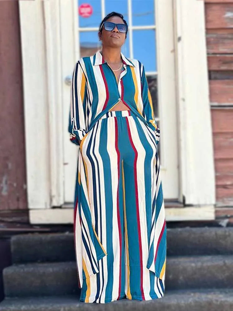 Elegant 2-piece Sets for Women  Long Shirt Blouse Full Sleeve Striped Plus Size Matching Sets