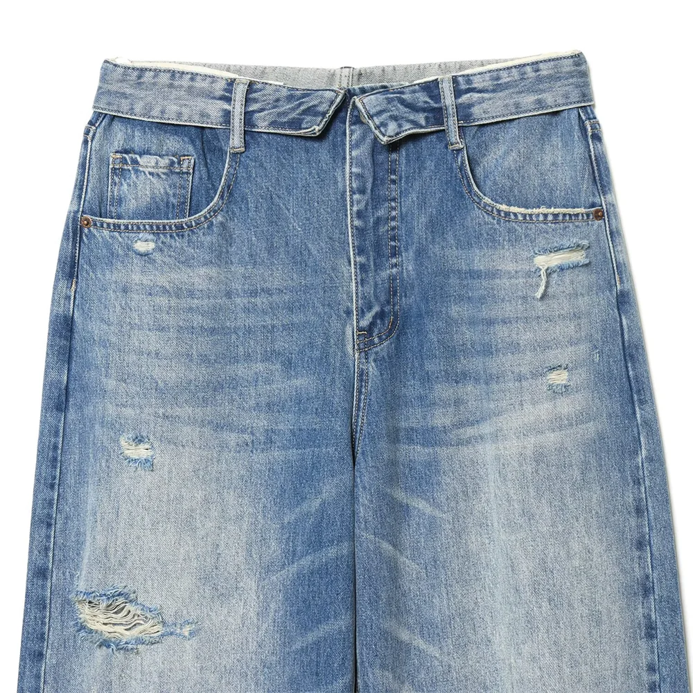 women's clothing  perforated mid waist folding waist jeans
