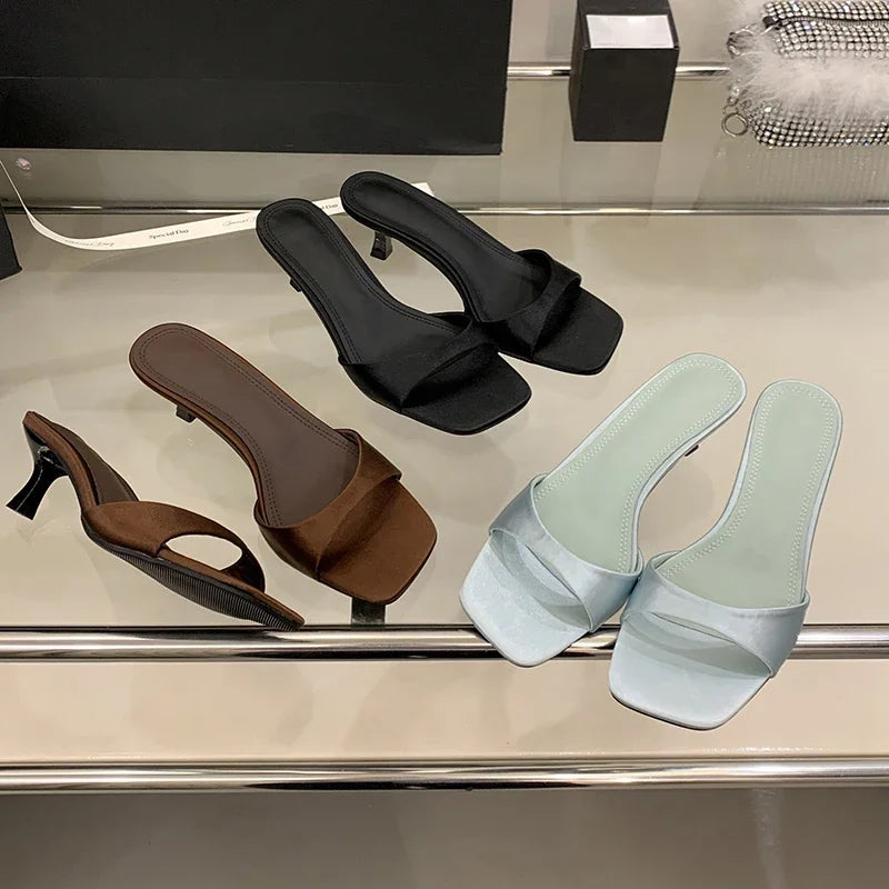 Summer Fashion Open Toe Women Slipper Thin Low Heel Silk Dress Ladies Slides