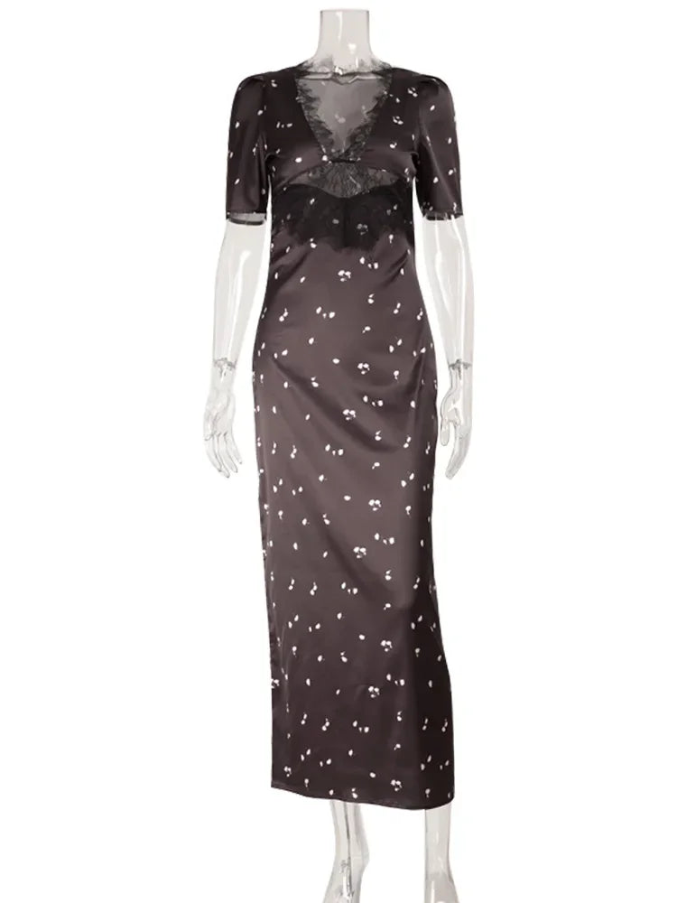 Patchwork Lace Floral V-Neck Short Sleeves Slim Fit Bodycon  Robes